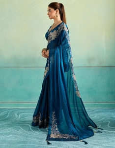 Sari de Otoño para Mujer KV, con Estampado Floral Bordado, de Organza de Seda y Viscosa, Sin Arrugas, con Blusa Sin Coser (Azul) - Product Image 3
