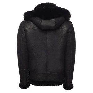 Men's Black Genuine Leather Hooded Biker Jacket With Fur Lining <b>Zip</b> Closure Winter Outerwear - Product Image 2
