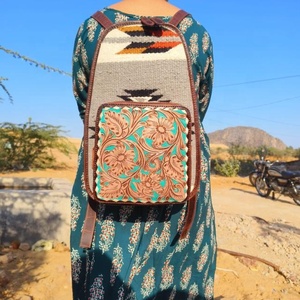 New Western Stylish Hot Fashion Real Hand Tooled Aztec Leather <b>Backpack</b> Stylish Carving Leather Hand Kilim Indian Style <b>Backpack</b> - Product Image 2