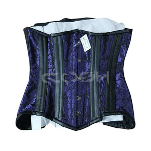 Corsé de cintura de brocado morado con varillas de acero de alta resistencia, ribete de cuero negro y varillaje. - Product Image 1