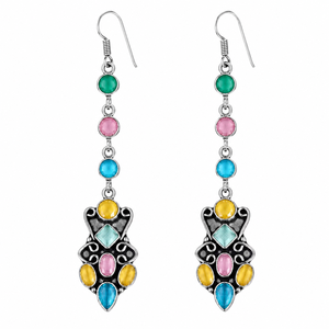 Boucles d'oreilles longues multicolores en forme de cloche, MOQ |   Bijoux fantaisie plaqués argent antique pour femmes, vente en gros directe d'usine - Product Image 1