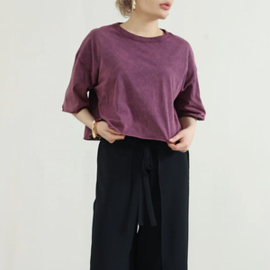 Camiseta Corta de Cuello Redondo para Mujer, Color Sólido, 100% Algodón, Manga Corta, Corte Holgado, Estilo Minimalista, Transpirable, para Verano - Product Image 2