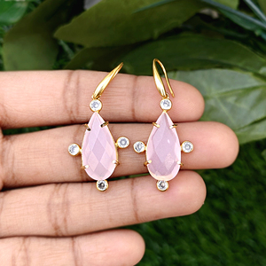 Luxury fashion <b>earrings</b> checker cut pink chalcedony with cz accents dangle <b>earring</b> 18k gold plated pear shape brass drop <b>earring</b> - Product Image 1