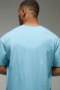 Men Summer Casual Two-Piece <b>Set</b> Light Blue Cotton T-Shirt Shorts Crew Neck Printed Letter Design Breathable <b>Knitted</b> Fabric - Product Image 6