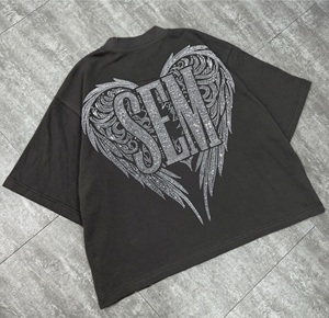 T-shirt en coton surdimensionné imprimé de strass lourds pour l'été, personnalisé, style hip-hop streetwear, avec motif graphique - Product Image 4