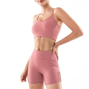 Conjunto Deportivo de Yoga para Mujer, Color Rosa, Cuello Redondo, Sin Tirantes, Top Deportivo y Pantalones Cortos Elásticos de Cintura Alta, 100% Algodón, Transpirable, Ajustado, que Absorbe la Humedad - Product Image 1