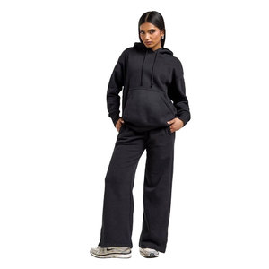 Chándal negro con capucha para mujer, manga larga, color sólido, corte holgado informal con bolsillos laterales, algodón de peso medio para mujer - Product Image 2