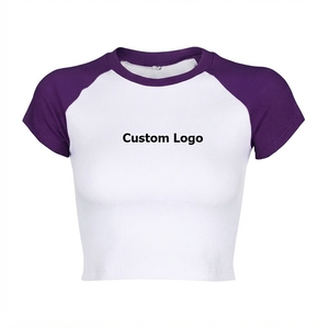 Women's White Blue <b>Raglan</b> Sleeve Crop <b>Top</b> Crew Neck Short Sleeve Casual T-Shirt With Custom Logo Breathable Knitted Polyester - Product Image 3