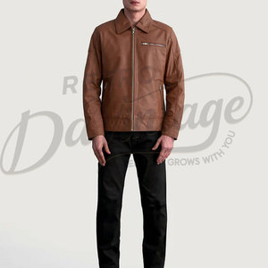 Chaqueta de cuero marrón para hombre, piel de oveja auténtica, corte ajustado, para otoño e invierno, estilo casual, tipo moto, con cuello de camisa y cierre de cremallera. - Product Image 3