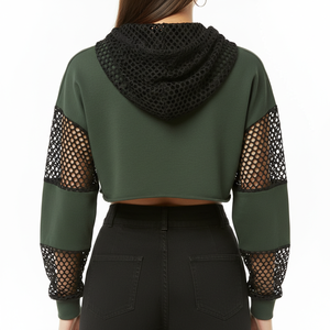 Sudadera con capucha para mujer, sudadera ultracorta con inserciones de malla, sudadera gótica para mujer - Product Image 4