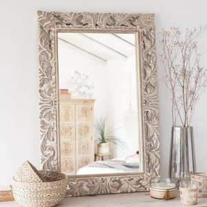 White Rosewood Contemporary <b>Rectangular</b> Ornamental Carved Eco-friendly <b>Mirror</b> | Handcrafted <b>Wall</b> <b>Mirror</b> for Wholesale - Product Image 1
