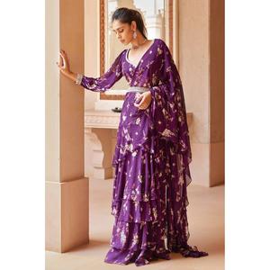 ATRACTIVA GEORGETTE ESTAMPADO FLORAL ESTILO LEHENGA SAREE DUPATTA CON BLUSA COSTADA Y CINTURÓN LAVANDA - Product Image 1