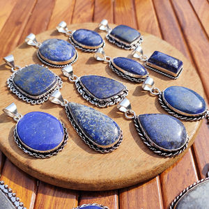 Collier pendentif en laiton plaqué argent avec lapis-lazuli naturel, serti en clos, fait main, formes multiples, style bohème, unisexe, cadeau de fête, haute qualité - Product Image 4