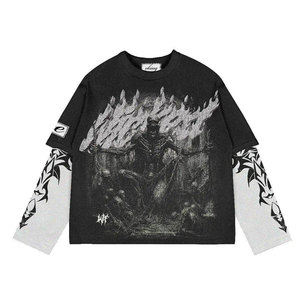 T-shirt à double manches en coton doux avec logo thermocollé, imprimé effet délavé vintage, design à double manches - Product Image 5