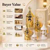 Farol Metálico Decorativo para Ramadán, Diseño de Mezquita y Estrella Creciente, Recortes Huecos, Decoración Dorada y Blanca para Eid, Venta al Por Mayor