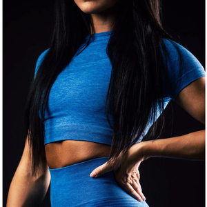 Camiseta Deportiva Corta sin Costuras para Mujer, Color Marrón, para Gimnasio, Fitness, Yoga, Entrenamiento, Ropa Deportiva Activa de Secado Rápido - Product Image 4