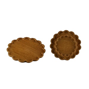 Vintage scalloped <b>edge</b> <b>wooden</b> walnut tray set round and oval shapes handmade brown serving platters for snacks decor and dining - Product Image 1