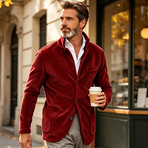 <b>Men's</b> <b>Corduroy</b> Jacket Vintage Mandarin Collar Multiple Pockets Casual <b>Blazer</b> High Quality Fashion Sport Coat Streetwear - Product Image 2
