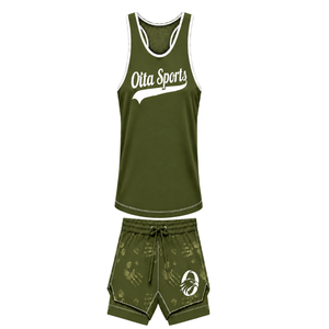 Olive Green <b>White</b> <b>Swim</b> Set Sleeveless Racerback Tank Top with Matching <b>Shorts</b> Lightweight Quick Dry Training Performance - Product Image 1