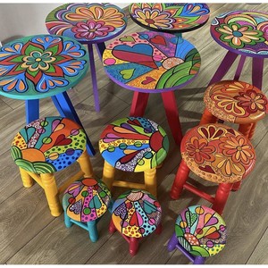 Taburete Rectangular de Madera de Pino Pintado a Mano Estilo Bohemio 30x30x40cm Multicolor Venta al por Mayor |   Aqudus Saleem - Product Image 2