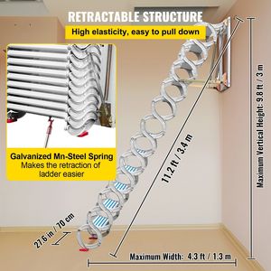 Scala bianca 9.8 piedi retrattile in lega con accesso a mansarda 12 gradini per scale pieghevoli a parete con braccioli - Product Image 4