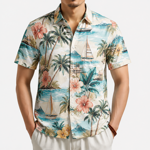 Chemise d'été pour homme à imprimé cocotier, en lin ample, décontractée, infroissable, style plage - Product Image 3