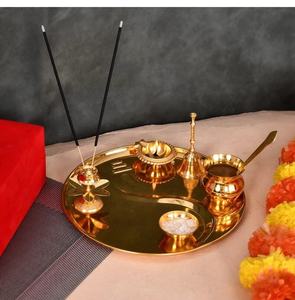 Indian Gold Plated Traditional Pooja Thali Set With Royal Velvet Box Handicraft for Pooja Decor Thali <b>Wedding</b> <b>Favour</b> - Product Image 5