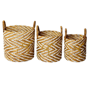 Panier rond tressé à motif rayé YALIMO en jacinthe d'eau (3 tailles) - Product Image 1