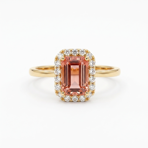 แหวนหมั้นเพชรทรงเอเมอรัลด์ประดับมอร์แกไนต์สีชมพู ดีไซน์รัศมี ทองคำ 18K สำหรับผู้หญิง - Product Image 1