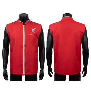 Veste de barbier unisexe 240 GSM en coton et polyester sergé respirant, imprimé numérique, manches courtes, fermeture éclair sur le devant, ciseaux brodés personnalisés - Product Image 1