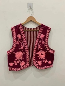 Embroidered <b>Velvet</b> Beaded Floral Pattern V-neck Single Button Closure Boho Vest Indian Ethnic Waistcoat Sleeveless <b>Jacket</b> Cotton - Product Image 1