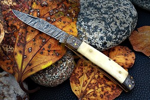 Handmade Damascus Folding <b>Knife</b> with Natural <b>Bone</b> <b>Handle</b> Custom Pocket EDC Hunting <b>Knife</b> - Product Image 2