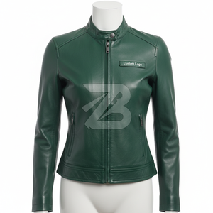 OEM ODM Women's Genuine Leather Jacket Band Collar Slim Fit Moto <b>Coat</b> Forest Green Custom Logo Women's Jackets - Product Image 1