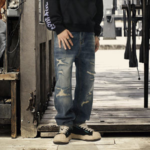 Pantalones de Hombre de Alta Calidad, Estilo Urbano, con Bordado Sólido, Parches de Mezclilla, Desgastados, Corte Regular, Personalizados - Product Image 3