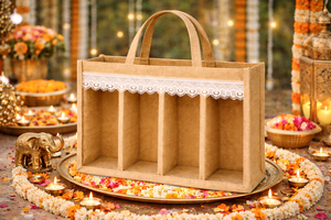 Bolsa de Regalo para Vino de Yute Natural Ecológica para Cuatro Botellas con Ventana Transparente y Ribete de Encaje, Bolso de Mano con 4 Compartimentos - Product Image 2