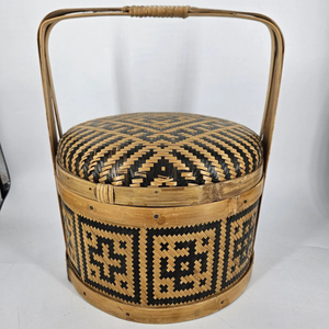 Cesta de Bambú Tejida a Mano con Tapa y Asa, Diseño Geométrico Negro, Cesta de Almacenamiento Ecológica - Product Image 1