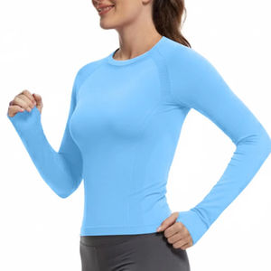 Haut de yoga et de fitness pour femme, léger, pour activités sportives en extérieur, à manches longues, dos ajusté, uni, sans couture, tendance - Product Image 3