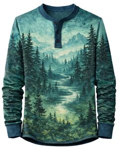 Camisa Henley para Hombre con Estampado de Montaña y Bosque, Color Verde Azulado, Manga Larga, Cierre de Botones, Estilo Casual para Exteriores, Ligera y Moderna - Product Image 1