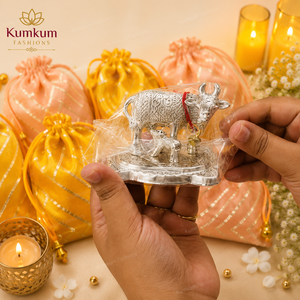 Silk Potli <b>Gift</b> Bag German Silver Tulsi Kamdhenu Cow Calf Lakshmi Set Handcrafted Eco Friendly Wedding Return <b>Gifts</b> Festive - Product Image 4