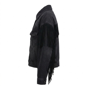 Veste en jean noire personnalisée pour femme, avec broderie à franges, style western, manteau vintage surdimensionné, fabricant OEM ODM - Product Image 4