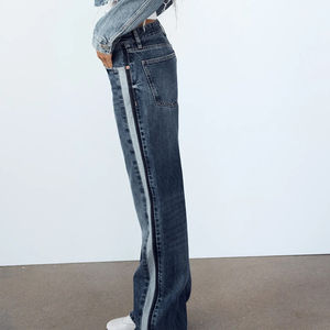 Jeans Casuales de Pierna Ancha con Corte Deshilachado, Cintura Alta, Estilo Holgado, Color Azul, para Mujer, Corte Recto, Estilo Urbano - Product Image 3