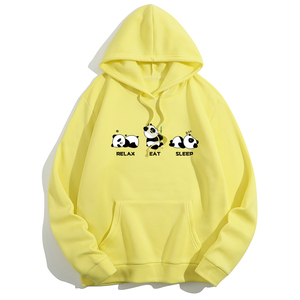 Sweat à capuche jaune pour femme avec imprimé de dessin animé de panda, poche avant, vêtement décontracté d'automne, 100% coton tricoté, manches longues - Product Image 1