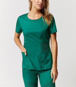 Premium Quality Custom Logo Women V-Neck Knitted <b>Scrub</b> <b>Top</b> Short Sleeve Breathable Stretch Pink Polyester Hospital Uniforms - Product Image 5