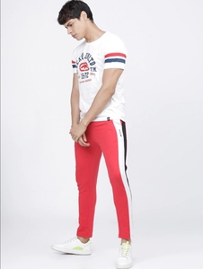 Pantalon de survêtement rouge pour homme 100 % coton, respirant, anti-transpiration, taille élastique avec cordon de serrage, style streetwear décontracté, en maille - Product Image 5