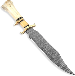 Couteau de chasse à lame fixe en acier Damas avec manche en os, fourreau en cuir fait main, couteau de survie pour l'extérieur - Product Image 2