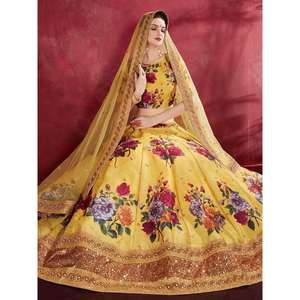 Lehenga Choli semi-cousu en soie Banglori à imprimé floral jaune, tenue Haldi par Zeel Clothing - Product Image 5