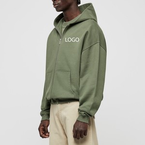 Sudadera con capucha de algodón polar verde oliva con cremallera, 500 GSM, para hombre, corte holgado y oversize, hombros caídos, logotipo personalizado, estilo urbano, venta al por mayor de fábrica - Product Image 3