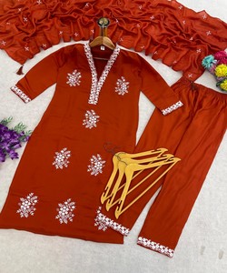 Women Traditional Cotton Salwar Kameez With Dupatta Orange Embroidered Casual Wear India Pakistan Style 85279 MORNI- Mc-1043 - Product Image 4