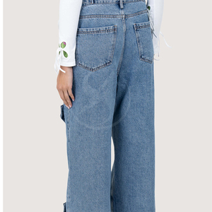 Pantalon en jean large et ajusté sur mesure pour femme, style décontracté, délavé, idéal pour le sport, avec devant plat - Product Image 2