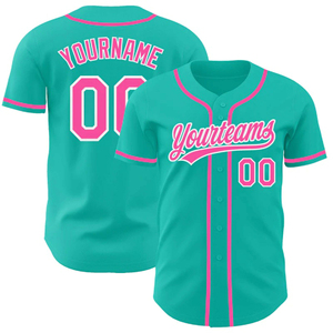 Maillot de baseball bleu sarcelle avec accents roses, logo Yourname et Yourteams sur le devant et le dos, pour un uniforme sportif d'équipe personnalisé et dynamique. - Product Image 1